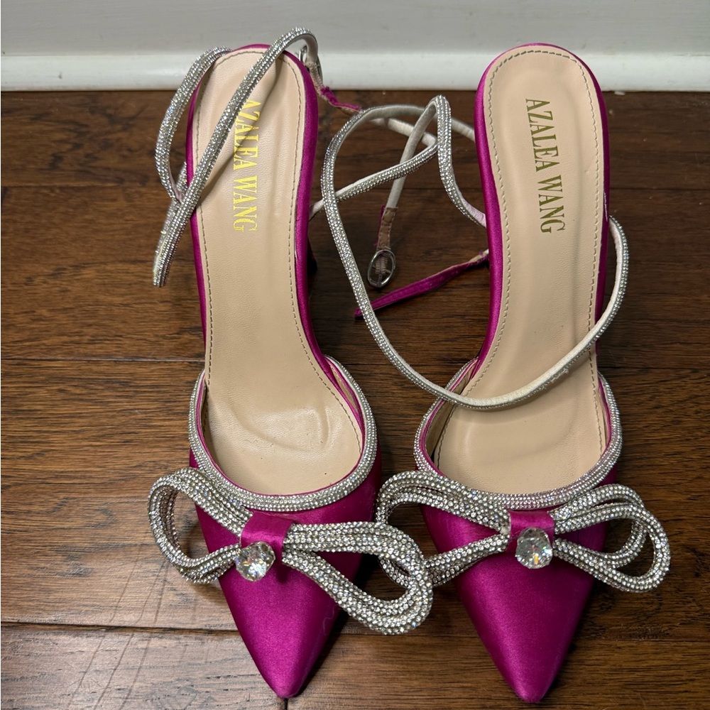 Azalea Wang Fuchsia Satin Heels with Rhinestone Bow